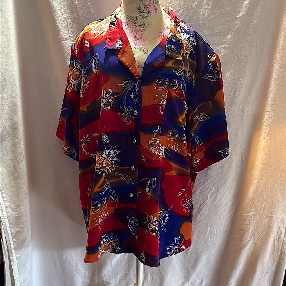 Maggie Sweet Button Down Padded Shoulders Multi-Colored Shirt Made In USA 3X